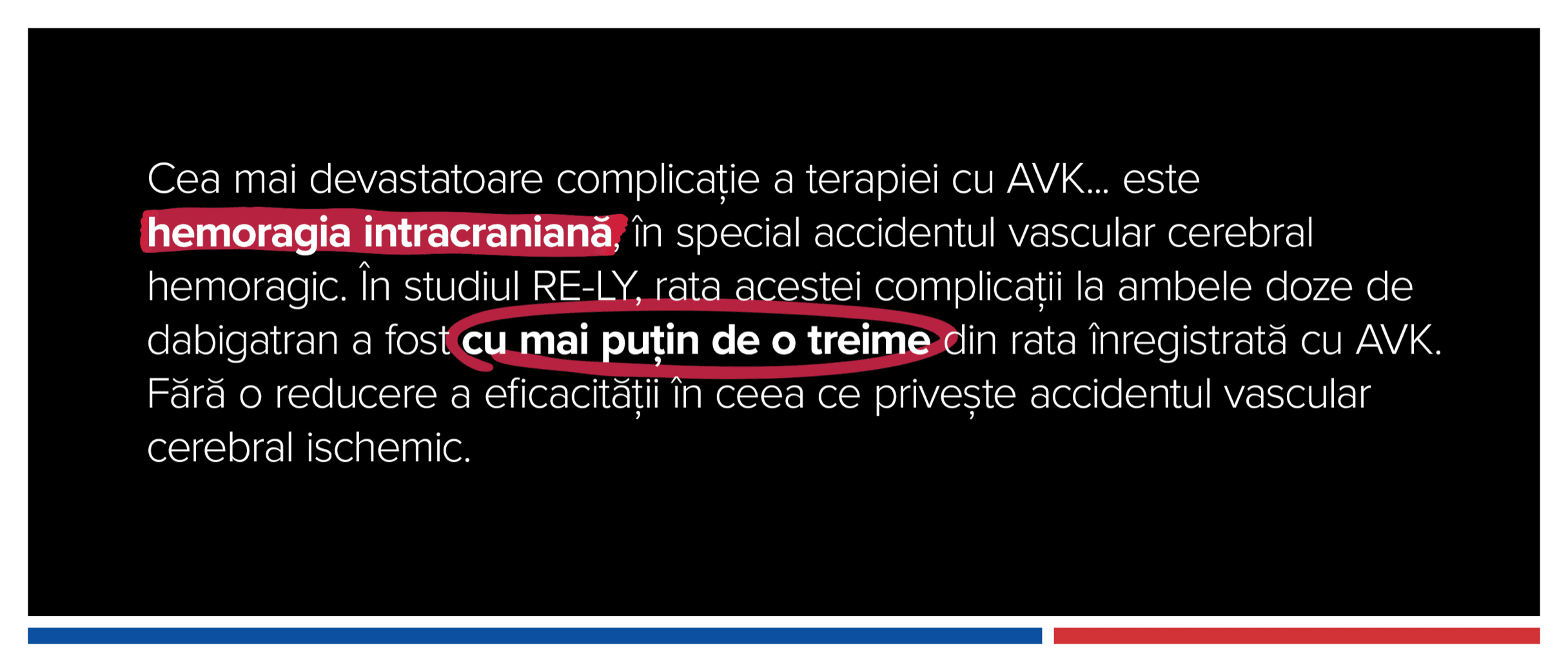 În studiu RE-LY, rata complicației legate de hemoragia intracraniană, la ambele doze de dabigatran a fost cu mai puțin de o treime din rata înregistrată cu AVK.