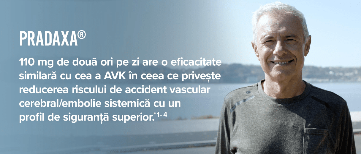 110 mg de două ori pe zi are o eficacitate similară cu cea a AVK în ceea ce privește reducerea riscului de accident vascular cerebral/embolie sistemică cu profil de siguranță superior