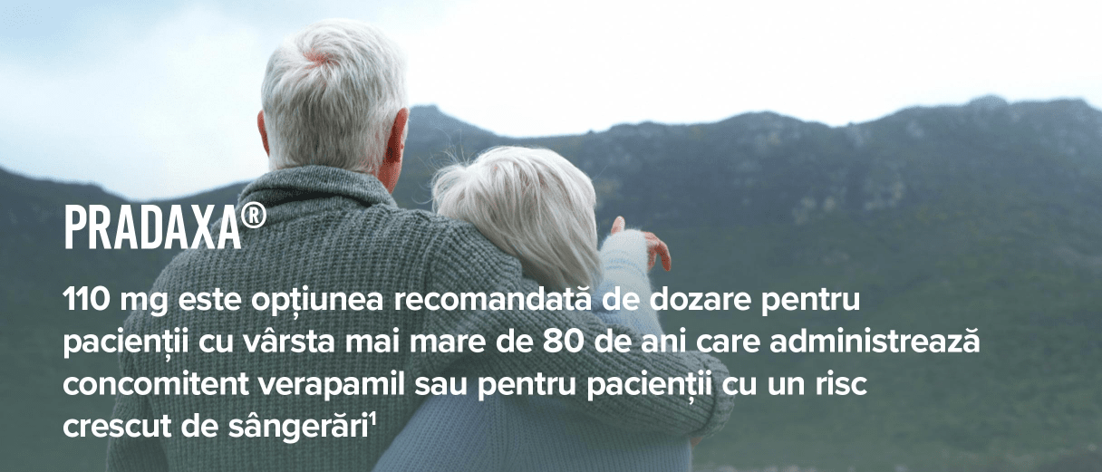 Pradaxa® 110 mg este opțiunea recomandată de dozare pentru pacienții cu vârsta mai mare de 80 de ani care aduminstrează concomitent verapamil sau pentru pacienții cu risc crescut de sângerări.